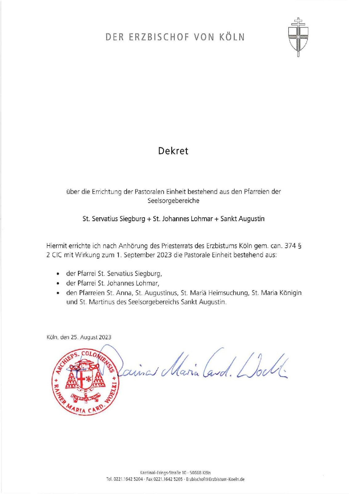 PEKZ981_Dekret Errichtung Pastorale Einheit_Woelki-001 (c) Erzbistum Köln